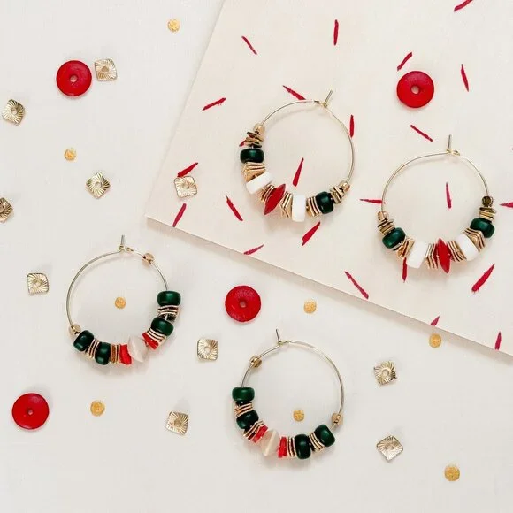 Boho Hoop Earrings Green Stone Beaded Gold Hoops Coral Ivory | Artisan Style - Picture 6 of 10